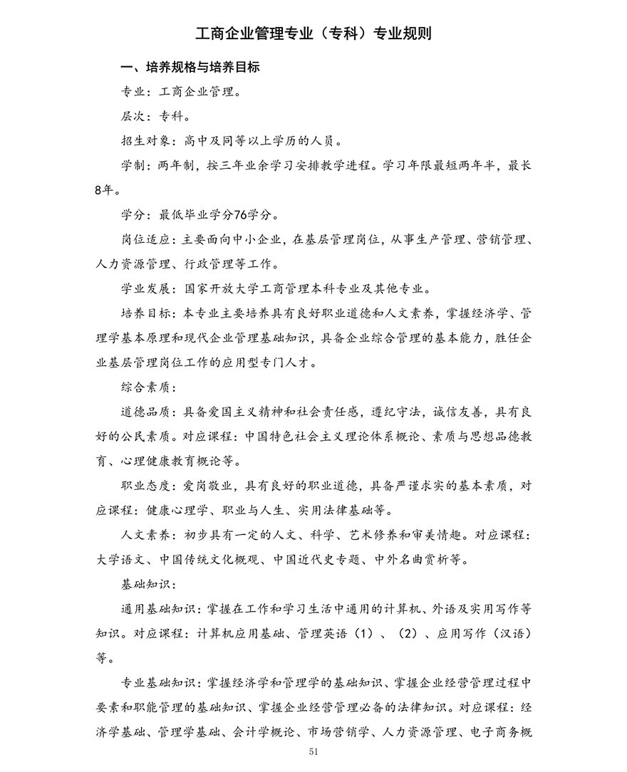 工商企业管理专业（专科）