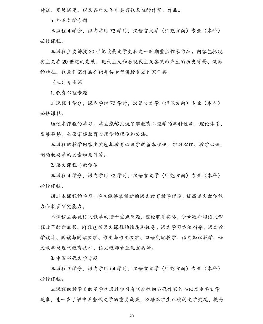 汉语言文学（师范方向）专业（本科）