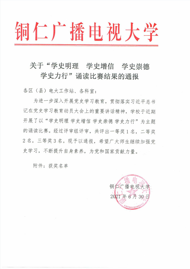 关于“学史明理 学史增信 学史崇德 学史力行”诵读比赛结果的通报