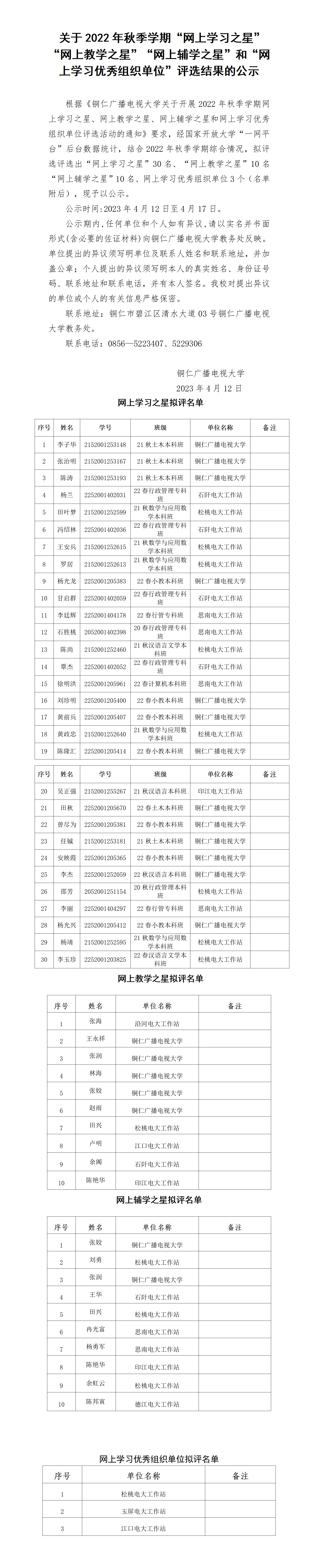 关于2022年秋季学期“网上学习之星” “网上教学之星”“网上辅学之星”和“网上学习优秀组织单位”评选结果的公示